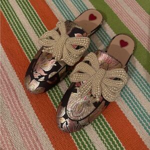 Gucci Iridescent Brocade Princetown Pearl Ribbon Mules 🎀